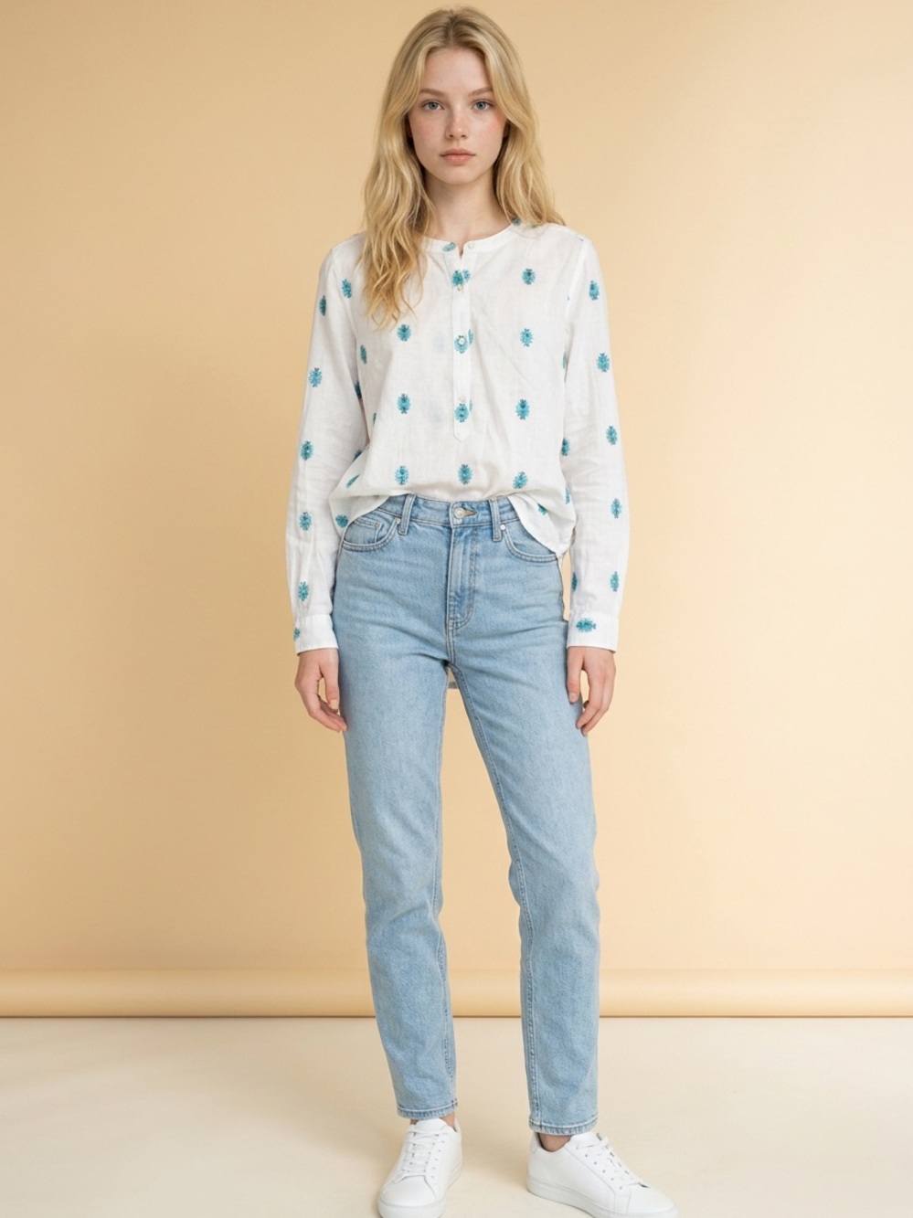 Loft softened White Peasant Blouse with Blue Embroidery